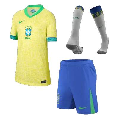 Kids's Brazil Home Soccer Whole Kits(Jerseys+Shorts+Socks) 2024 - worldjerseyshop